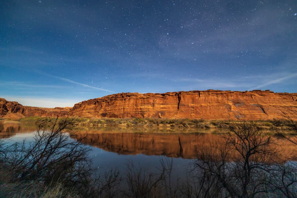 The Colorado River on a peaceful spring night in Moab, UT