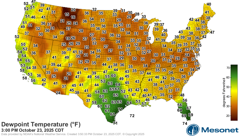 3pm CDT October 23, 2025 Dewpoint Map